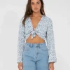 Flash Sale Balnear Floral Printed Tie Front Cropped Shirt Womens Fashion Tops