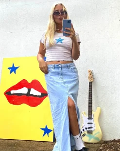New Celeste Low Rise Denim Maxi Skirt Womens Skirts