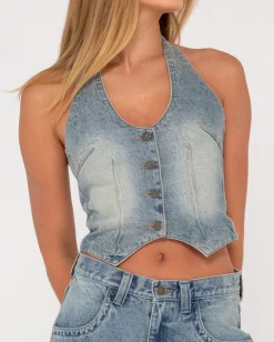 Cheap Flip Mommy Halter Neck Denim Vest Womens Fashion Tops
