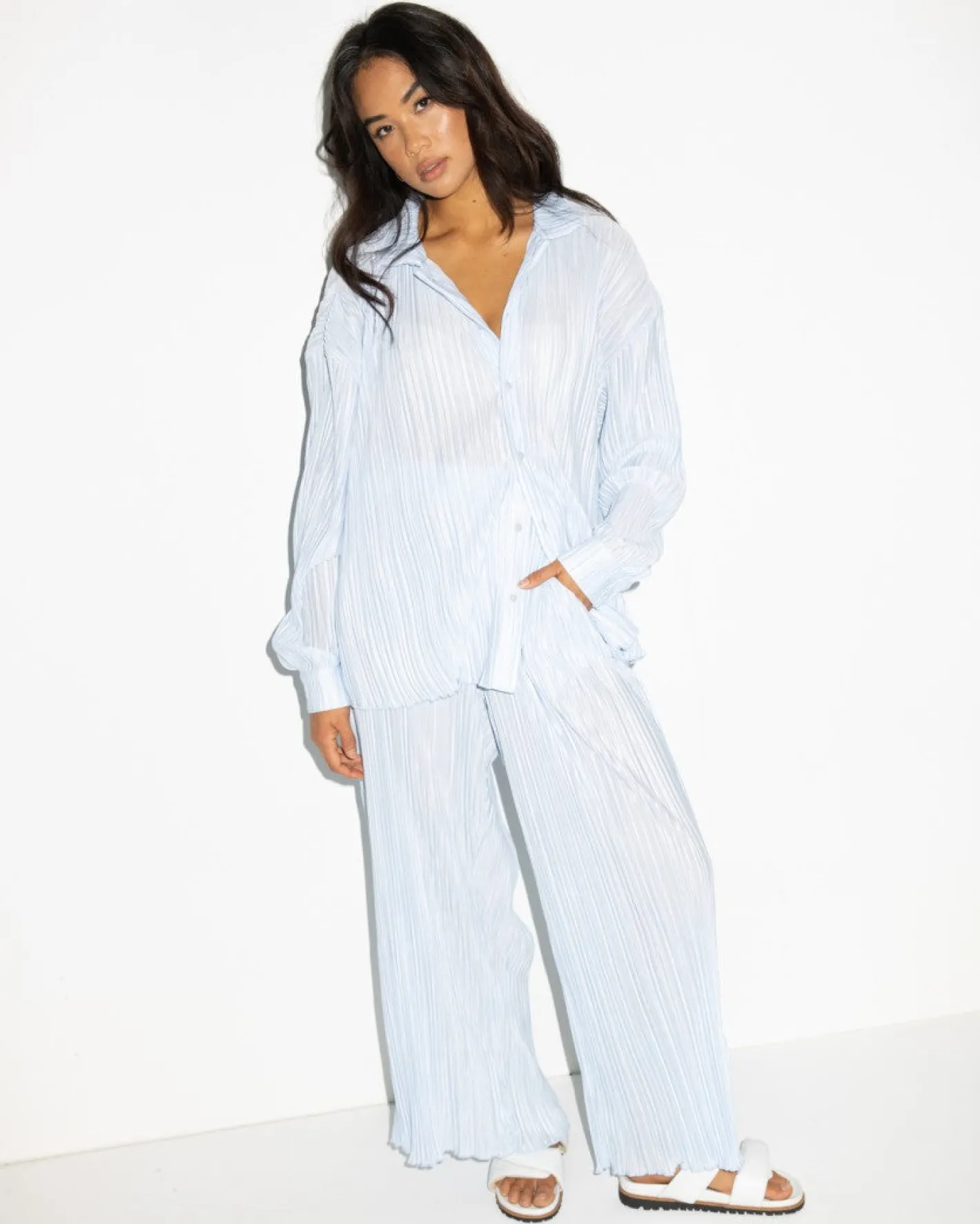 Fashion Nissi Long Sleeve Pleated Shirt Womens Shirts