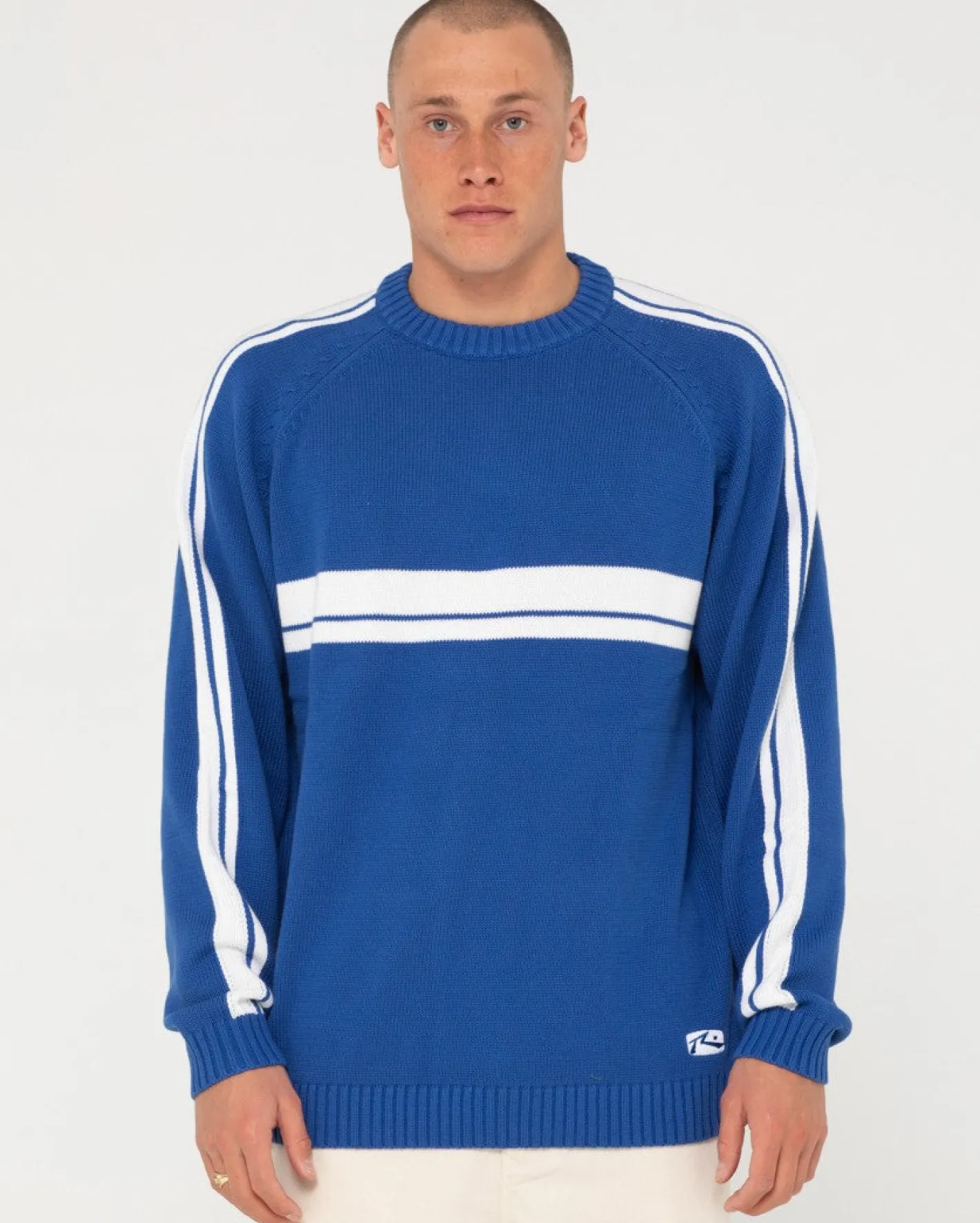 Shop White Lines Crew Neck Knit Sweater Mens Knitwear