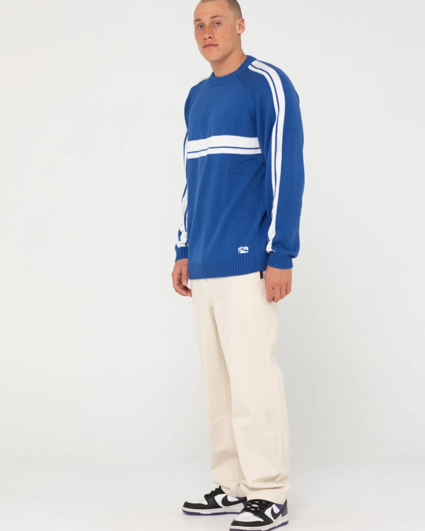 Shop White Lines Crew Neck Knit Sweater Mens Knitwear